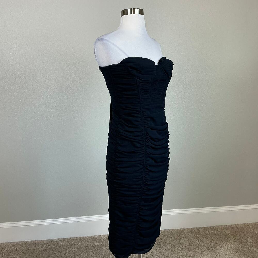BCBGMAXAZRIA Women's Cocktail Dress Size 8 Blue Strapless Ruched Midi Sheath - Picture 3 of 13